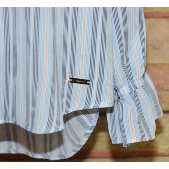 Tahari Ladies Blue Striped Button Front V-Neck Blouse XL Long Bell Sleeves Tunic - Picture 4 of 12
